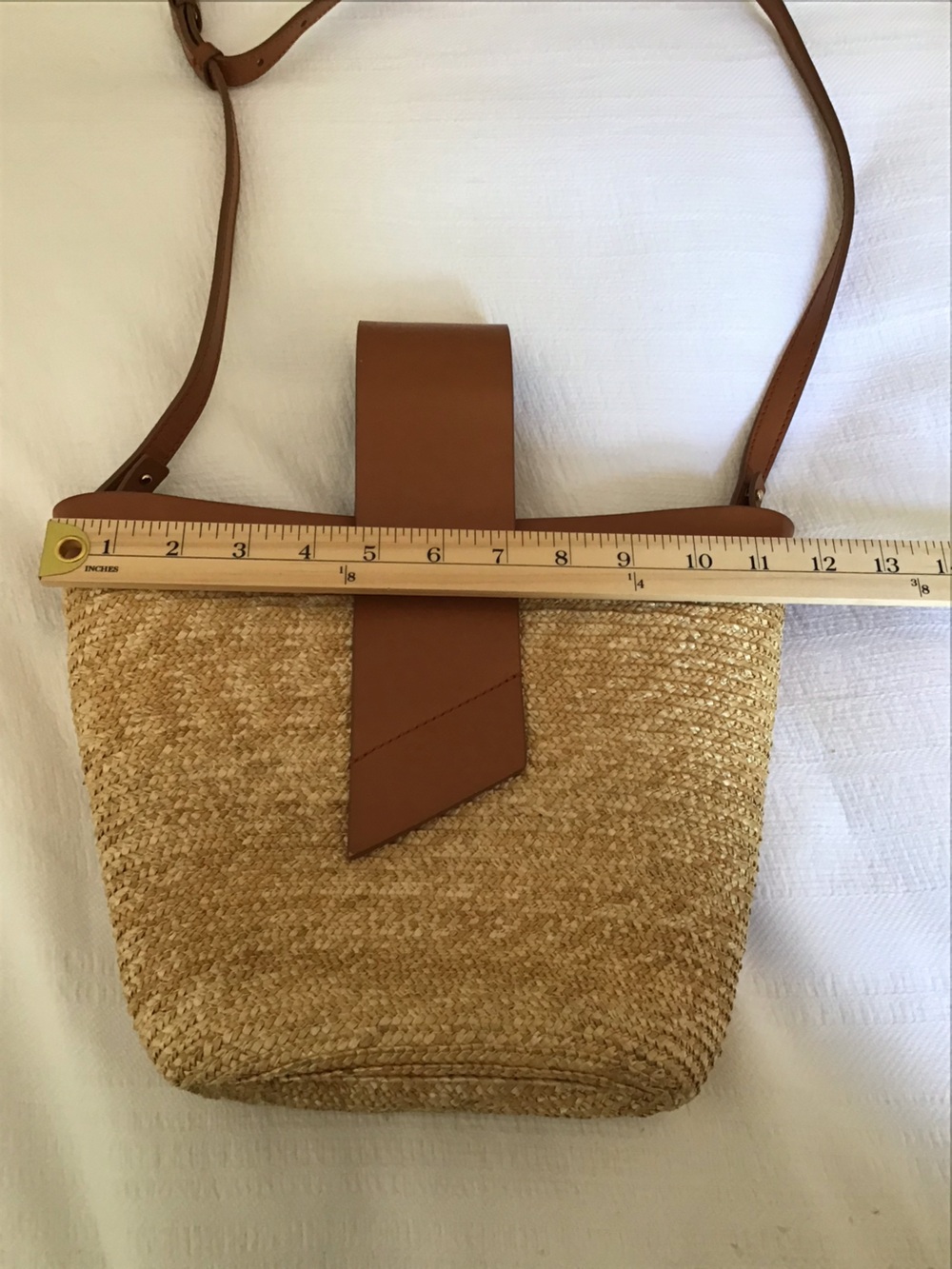 Leather-Trim Straw Bucket Crossbody Bag in Tan - Picture 8 of 11